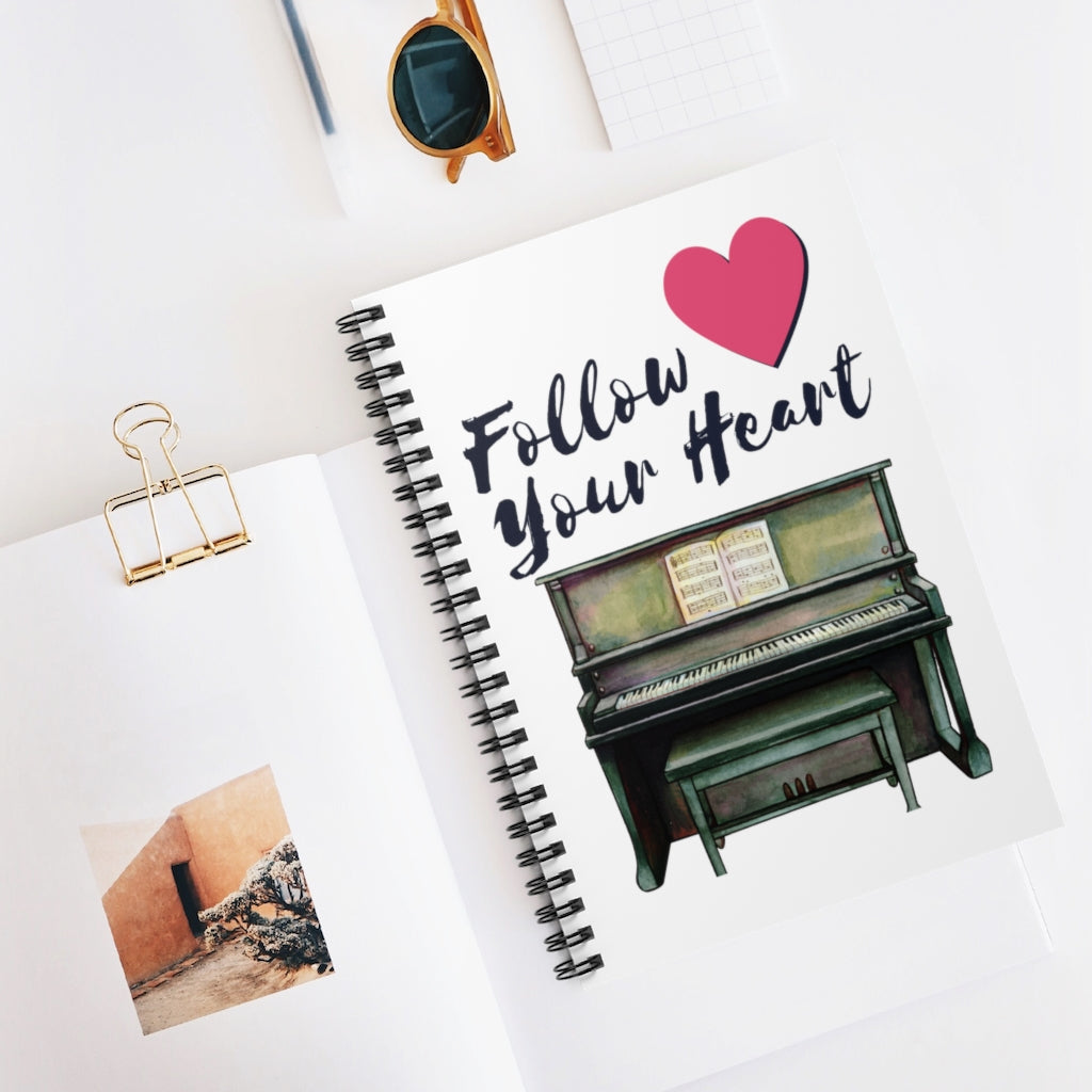 Follow Your Heart Piano Spiral Notebook - Ruled Line | Music Gifts Depot