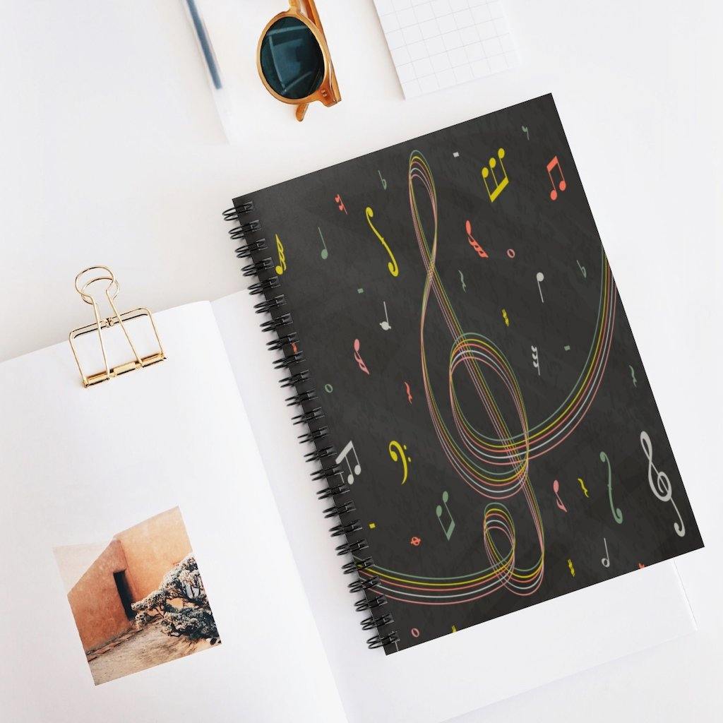 Black Music Note Spiral Notebook - Ruled Line - Music Gifts Depot